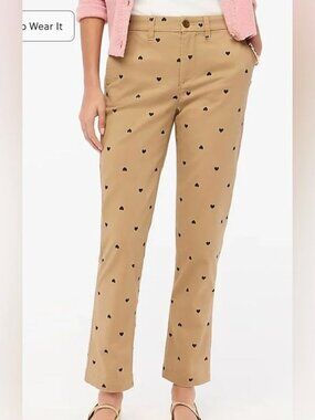 J. Crew Women's Printed High-Rise Girlfriend Chino Pant in Khaki Heart Size 10